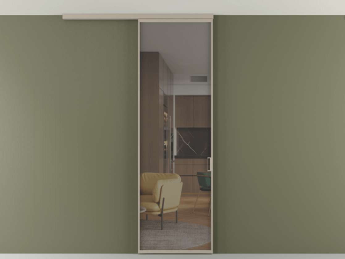 Перегородка Формато вдоль стены на потолок 1 створка АЛПР 040.01 Алюминий бисквитный Прозрачное серое стекло, триплекс Цена 92403 ₽ | Volhovec