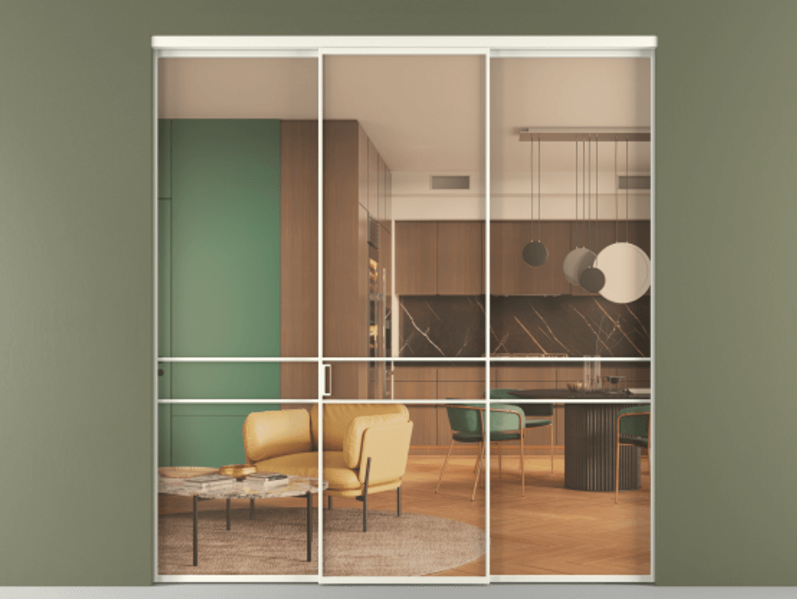 Перегородка Формато внутри проёма 3 створки АЛПР 040.02 Алюминий жемчужный Прозрачное оранжевое стекло, триплекс Цена 237275 ₽ | Volhovec