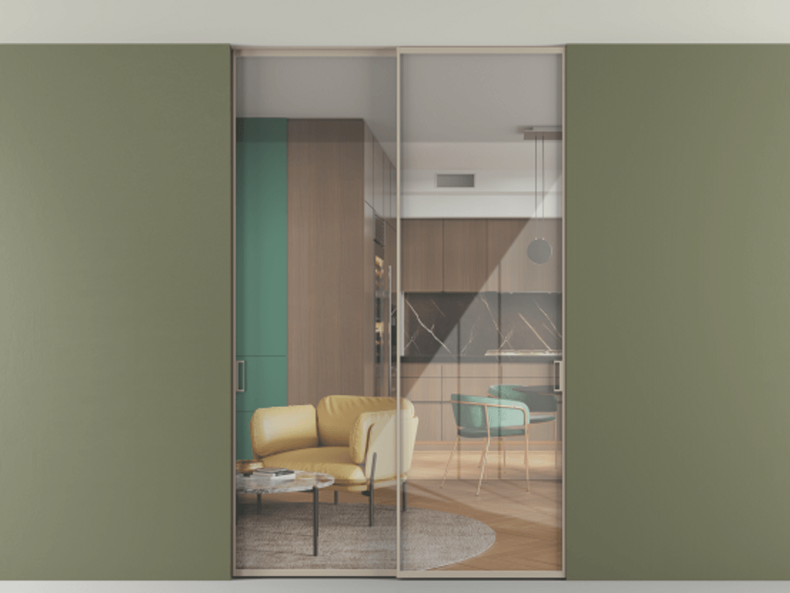 Перегородка Формато внутри проёма скрытое крепление в потолок 2 створки АЛПР 040.01 Алюминий бисквитный Рефлективное прозрачное стекло "Стопсол", калёное Цена 293640 ₽ | Volhovec