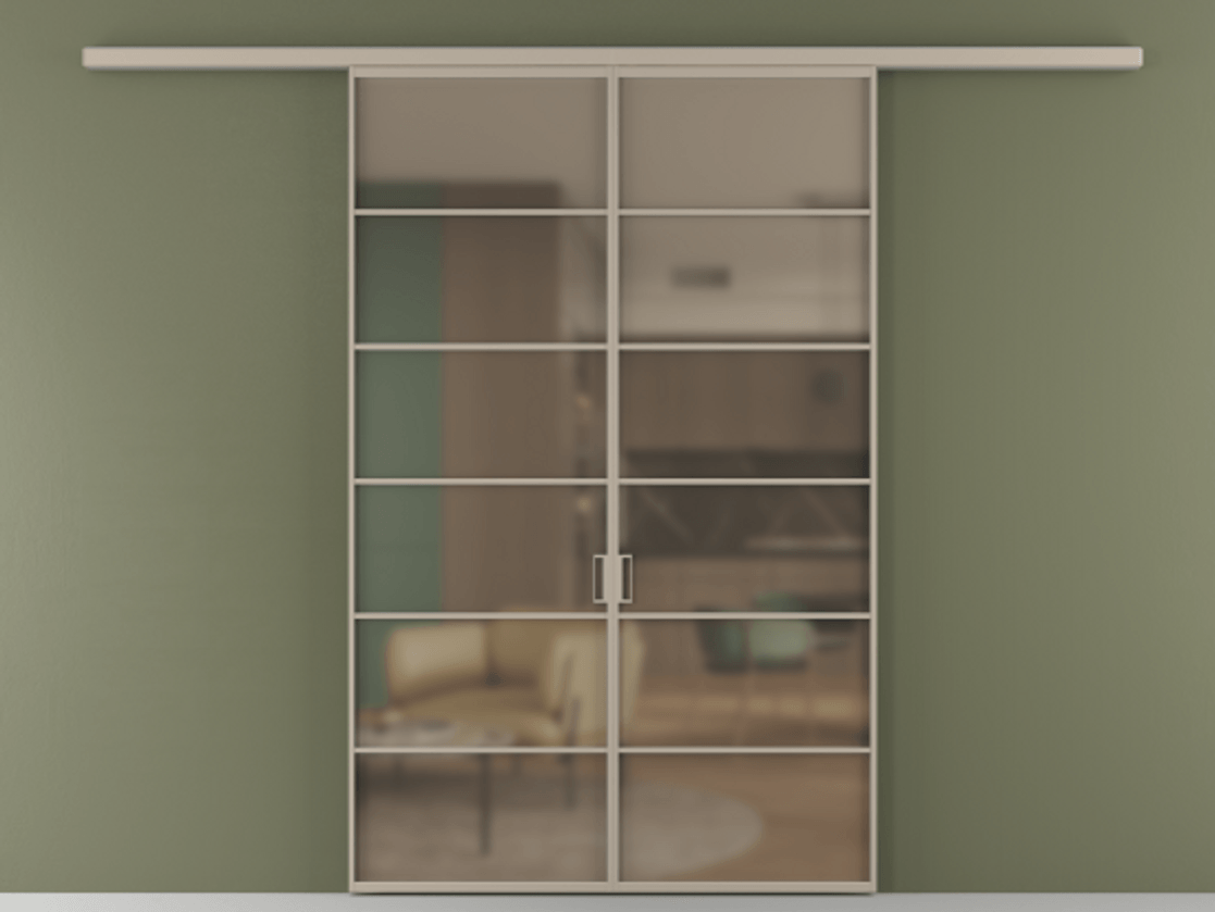 Перегородка Формато вдоль стены 2 створки АЛПР 040.04 Алюминий бисквитный Сатинированное бронзовое стекло, триплекс Цена 207150 ₽ | Volhovec