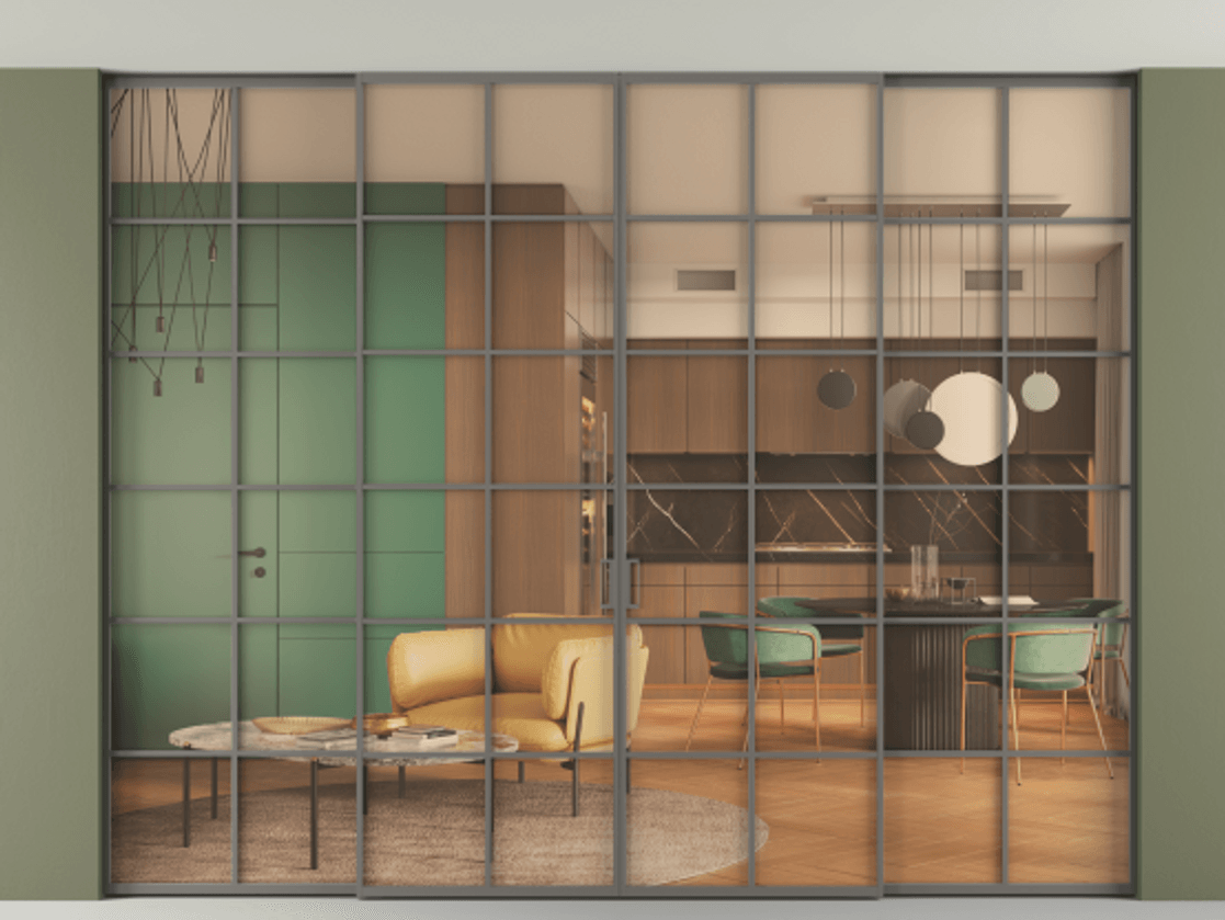 Перегородка Formato внутри проёма скрытое крепление в потолок 4 створки АЛПР 040.05 Алюминий классический серый Прозрачное оранжевое стекло, триплекс Цена 484508 ₽ | Volhovec