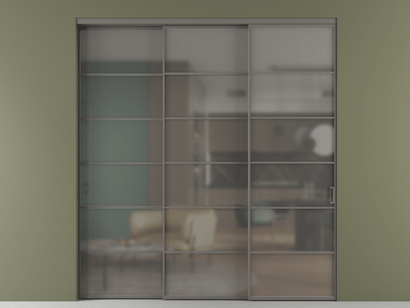 Алюминевая перегородка АЛПР 040.04_АКЛС_Серый сатин триплекс_new. Цвет Алюминий классический серый. Материал Алюминий в эмали. Коллекция Перегородка Formato внутри проёма телескопик синхро 2. Картинка.