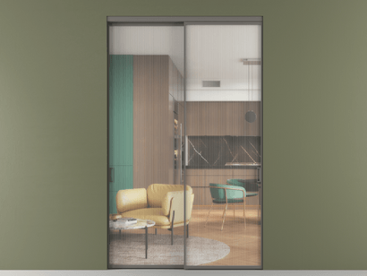 Алюминевая перегородка АЛПР 040.01_АКЛС_Moru_new. Цвет Алюминий классический серый. Материал Алюминий в эмали. Коллекция Перегородка Formato внутри проёма двустворчатая. Картинка.