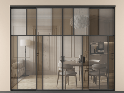 Алюминевая перегородка vnt4_4 ЧЕР. Цвет Алюминий Черный. Материал Алюминий. Коллекция Перегородка Mosaic внутри проёма четырёхстворчатая. Картинка.