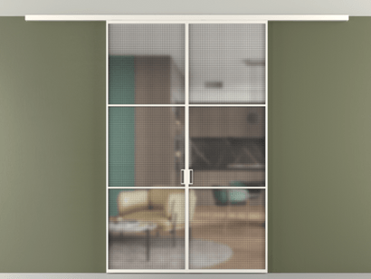 Алюминевая перегородка vd2_03 Алюминий пудровый белый Mesh silver. Цвет Алюминий пудровый белый. Материал Алюминий в эмали. Коллекция Перегородка Formato вдоль стены на потолок двустворчатая. Картинка.