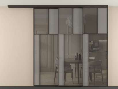 Алюминевая перегородка vdt3_4_ААН_Серый сатин триплекс+Серый триплекс_new. Цвет Алюминий антрацит. Материал Алюминий в эмали. Коллекция Перегородка Mosaic вдоль стены телескопик синхро 3. Картинка.