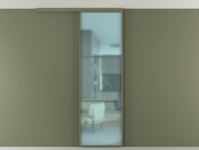 Алюминевая перегородка АЛПР 040.03_АОТ_САТ ГОЛ_new. Цвет Алюминий оливковый тёмный. Материал Алюминий в эмали. Коллекция Перегородка Formato вдоль стены на потолок одностворчатая. Картинка.