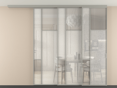 Алюминевая перегородка vdt3_5_АНСР_DUNE+LED_new. Цвет Алюминий нейтральный серый. Материал Алюминий в эмали. Коллекция Перегородка Mosaic вдоль стены телескопик синхро 3. Картинка.