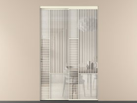 Алюминевая перегородка vnt2_6_АМБ_DUNE+LED_new. Цвет Алюминий молочно-белый. Материал Алюминий в эмали. Коллекция Перегородка Mosaic внутри проёма двустворчатая. Картинка.