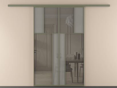 Алюминевая перегородка vd2_2_АОТ_Серый сатин триплекс+Серый триплекс_new. Цвет Алюминий оливковый тёмный. Материал Алюминий в эмали. Коллекция Перегородка Mosaic вдоль стены двустворчатая. Картинка.