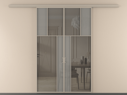 Алюминевая перегородка vd2_2_АБСК_Серый сатин триплекс+Серый триплекс_new. Цвет Алюминий бисквитный. Материал Алюминий в эмали. Коллекция Перегородка Mosaic вдоль стены двустворчатая. Картинка.