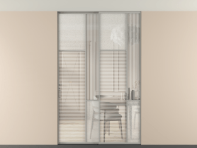 Алюминевая перегородка vntp2_7_АНСР_DUNE+LED_new. Цвет Алюминий нейтральный серый. Материал Алюминий в эмали. Коллекция Перегородка Mosaic внутри проёма двустворчатая со скрытым креплением в потолок. Картинка.