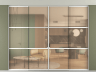 Алюминевая перегородка АЛПР 040.03_АБЛ_САТ ОРАНЖ_new. Цвет Алюминий белоснежный. Материал Алюминий в эмали. Коллекция Перегородка Formato внутри проёма четырёхстворчатая со скрытым креплением в потолок. Картинка.