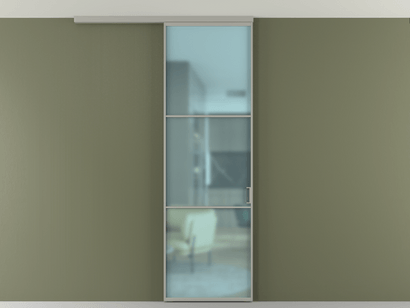 Алюминевая перегородка АЛПР 040.03_АНСР_САТ ГОЛ_new. Цвет Алюминий нейтральный серый. Материал Алюминий в эмали. Коллекция Перегородка Formato вдоль стены на потолок одностворчатая. Картинка.