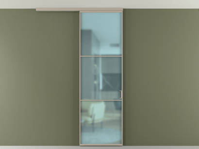 Алюминевая перегородка АЛПР 040.03_АБСК_САТ ГОЛ_new. Цвет Алюминий бисквитный. Материал Алюминий в эмали. Коллекция Перегородка Formato вдоль стены на потолок одностворчатая. Картинка.