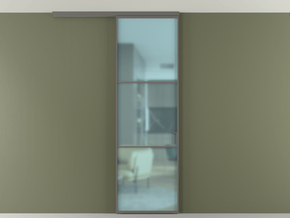 Алюминевая перегородка АЛПР 040.03_АКЛС_САТ ГОЛ_new. Цвет Алюминий классический серый. Материал Алюминий в эмали. Коллекция Перегородка Formato вдоль стены на потолок одностворчатая. Картинка.