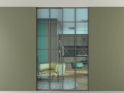 Алюминевая перегородка АЛПР 040.05_АКЛС_ПРОЗ ГОЛ_new. Цвет Алюминий классический серый. Материал Алюминий в эмали. Коллекция Перегородка Formato внутри проёма двустворчатая со скрытым креплением в потолок. Картинка.