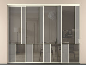 Алюминевая перегородка vntl4_1_АМБ_Серый сатин триплекс+Серый триплекс_new. Цвет Алюминий молочно-белый. Материал Алюминий в эмали. Коллекция Перегородка Mosaic внутри проёма телескопик синхро 3. Картинка.