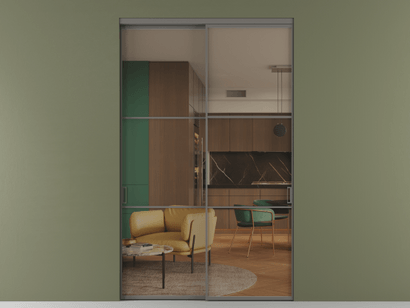 Алюминевая перегородка АЛПР 040.03_АКЛС_Бронза триплекс_new. Цвет Алюминий классический серый. Материал Алюминий в эмали. Коллекция Перегородка Formato внутри проёма двустворчатая. Картинка.