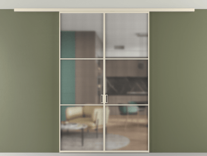 Алюминевая перегородка vd2_03 Алюминий бежево-серый Mesh silver. Цвет Алюминий бежево-серый. Материал Алюминий в эмали. Коллекция Перегородка Formato вдоль стены на потолок двустворчатая. Картинка.