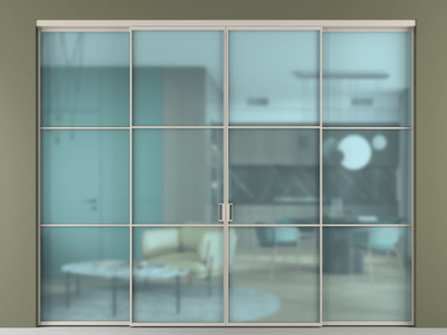 Алюминевая перегородка АЛПР 040.03_АСБЖ_САТ ГОЛ_new. Цвет Алюминий светло-бежевый. Материал Алюминий в эмали. Коллекция Перегородка Formato внутри проёма четырёхстворчатая. Картинка.