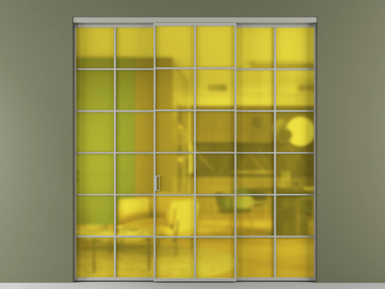 Алюминевая перегородка АЛПР 040.05_АНСР_САТ ЖЕЛ_new. Цвет Алюминий нейтральный серый. Материал Алюминий в эмали. Коллекция Перегородка Formato внутри проёма 3 створки. Картинка.