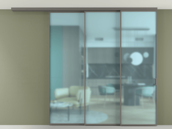 Алюминевая перегородка АЛПР 040.01_АКЛС_САТ ГОЛ_new. Цвет Алюминий классический серый. Материал Алюминий в эмали. Коллекция Перегородка Formato вдоль стены на потолок 3 створки с синхронным механизмом. Картинка.