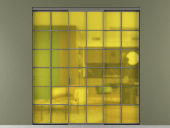 Алюминевая перегородка АЛПР 040.05_АКЛС_САТ ЖЕЛ_new. Цвет Алюминий классический серый. Материал Алюминий в эмали. Коллекция Перегородка Formato внутри проёма 3 створки. Картинка.