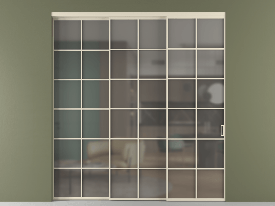 Алюминевая перегородка vn3_05_ Алюминий бежево-серый Серый сатин матовое. Цвет Алюминий бежево-серый. Материал Алюминий в эмали. Коллекция Перегородка Formato внутри проёма 3 створки с синхронным механизмом. Картинка.