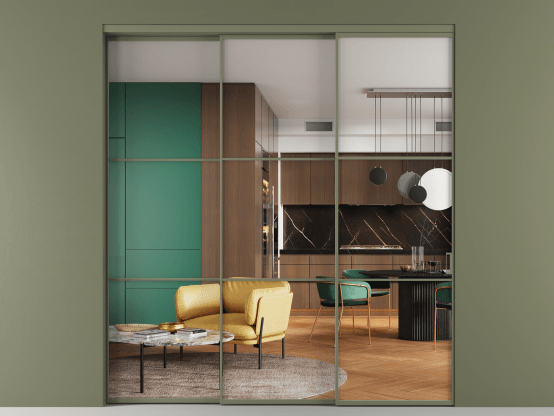 Алюминевая перегородка АЛПР 040.03_АОТ_Crystalvision_new. Цвет Алюминий оливковый тёмный. Материал Алюминий в эмали. Коллекция Перегородка Formato внутри проёма 3 створки с синхронным механизмом. Фото. Алюминевая перегородка АЛПР 040.03_АОТ_Crystalvision_new. Цвет Алюминий оливковый тёмный. Материал Алюминий в эмали. Коллекция Перегородка Formato внутри проёма 3 створки с синхронным механизмом. Картинка.