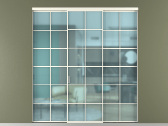 Алюминевая перегородка АЛПР 040.05_АЖМ_САТ ГОЛ_new. Цвет Алюминий жемчужный. Материал Алюминий в эмали. Коллекция Перегородка Formato внутри проёма 3 створки. Картинка.