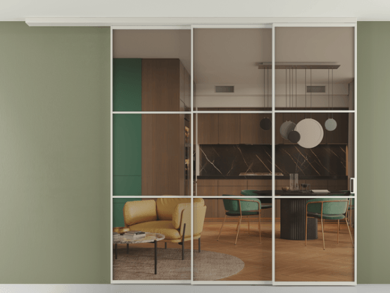 Алюминевая перегородка pv3_03_ Алюминий тёплый серый Бронза прозрачное. Цвет Алюминий тёплый серый. Материал Алюминий в эмали. Коллекция Перегородка Формато вдоль стены на потолок 3 створки с синхронным механизмом. Картинка.