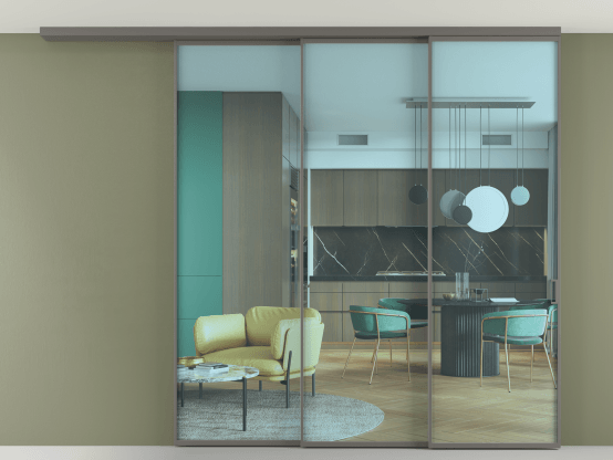 Алюминевая перегородка АЛПР 040.01_АКЛС_ПРОЗ ГОЛ_new. Цвет Алюминий классический серый. Материал Алюминий в эмали. Коллекция Перегородка Формато вдоль стены на потолок 3 створки с синхронным механизмом. Картинка.