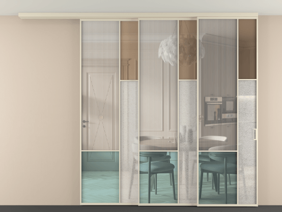 Алюминевая перегородка vdt3_8 Алюминий бежево-серый Четыре стекла. Цвет Алюминий бежево-серый. Материал Алюминий в эмали. Коллекция Перегородка Mosaic вдоль стены на потолок 3 створки с синхронным механизмом. Картинка.