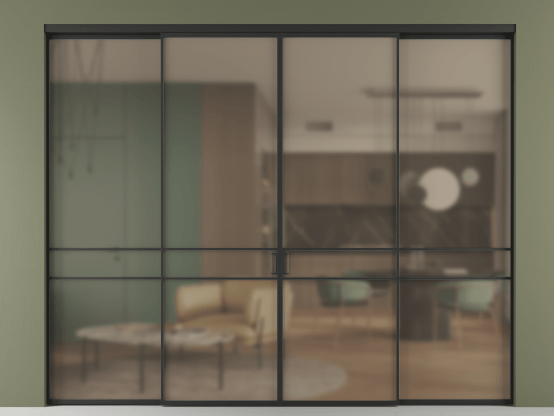 Алюминевая перегородка vn2+2_02 Бронза сатин триплекс ЧЕР. Цвет Алюминий Черный. Материал Алюминий. Коллекция Перегородка Formato внутри проёма 4 створки. Картинка.