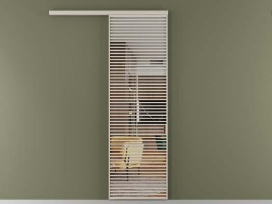 Алюминевая перегородка АЛПР 040.07_АСБЖ_Crystalvision_new. Цвет Алюминий светло-бежевый. Материал Алюминий в эмали. Коллекция Перегородка Формато вдоль стены 1 створка. Картинка.