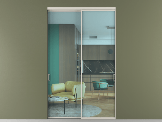 Алюминевая перегородка АЛПР 040.01_АОС_ПРОЗ ГОЛ_new. Цвет Алюминий облачно-серый. Материал Алюминий в эмали. Коллекция Перегородка Formato внутри проёма 2 створки. Картинка.