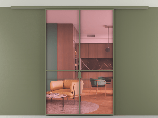 Алюминевая перегородка АЛПР 040.02_АОТ_ПРОЗ РОЗ_new. Цвет Алюминий оливковый тёмный. Материал Алюминий в эмали. Коллекция Перегородка Formato вдоль стены на потолок 2 створки. Картинка.