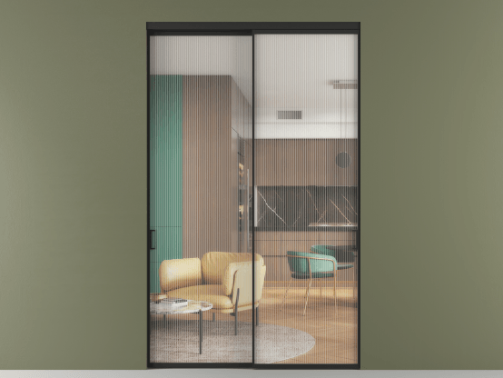 Алюминевая перегородка АЛПР 040.01_ЧРН_Moru_new. Цвет Алюминий Черный. Материал Алюминий. Коллекция Перегородка Formato внутри проёма 2 створки. Картинка.