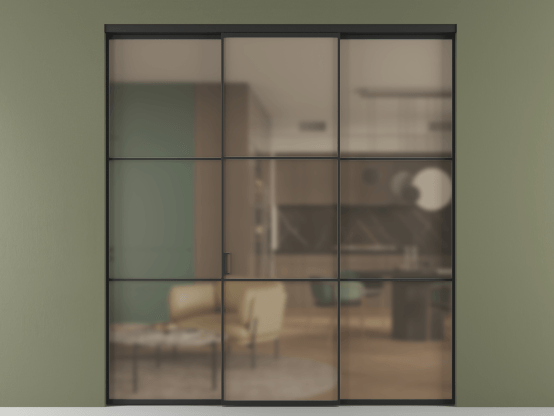 Алюминевая перегородка vn2_03 Бронза сатин триплекс ЧЕР. Цвет Алюминий Черный. Материал Алюминий. Коллекция Перегородка Formato внутри проёма 3 створки. Картинка.