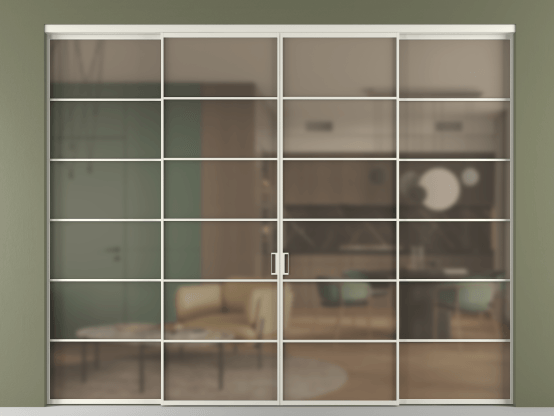 Алюминевая перегородка vn2+2_04 Бронза сатин триплекс БЕЛ. Цвет Алюминий Белый. Материал Алюминий. Коллекция Перегородка Formato внутри проёма 4 створки. Картинка.