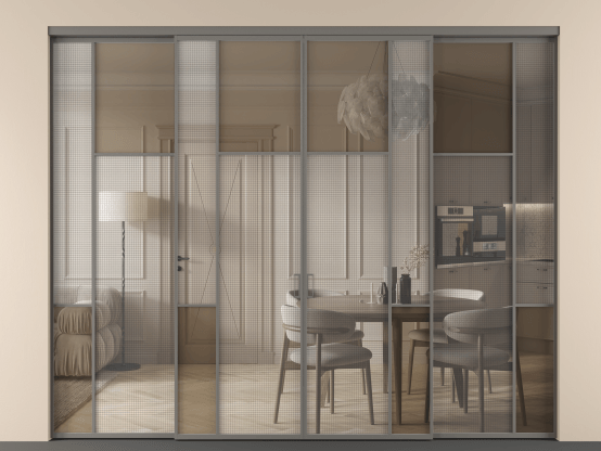 Алюминевая перегородка vnt4_5_АКЛС_MS+Бронза триплекс_new. Цвет Алюминий классический серый. Материал Алюминий в эмали. Коллекция Перегородка Mosaic внутри проёма 4 створки. Картинка.