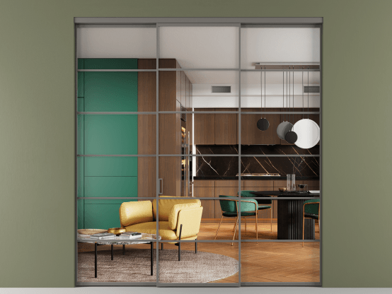 Алюминевая перегородка АЛПР 040.04_АКЛС_Crystalvision_new. Цвет Алюминий классический серый. Материал Алюминий в эмали. Коллекция Перегородка Formato внутри проёма 3 створки. Картинка.