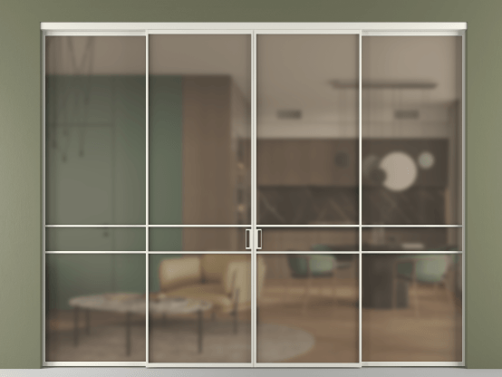 Алюминевая перегородка vn2+2_02 Бронза сатин триплекс БЕЛ. Цвет Алюминий Белый. Материал Алюминий. Коллекция Перегородка Formato внутри проёма 4 створки. Картинка.