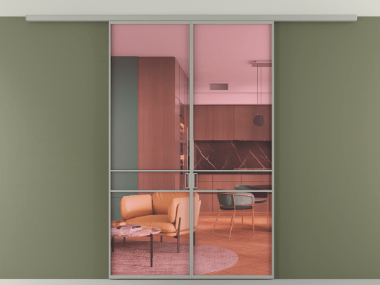 Алюминевая перегородка АЛПР 040.02_АНСР_ПРОЗ РОЗ_new. Цвет Алюминий нейтральный серый. Материал Алюминий в эмали. Коллекция Перегородка Formato вдоль стены на потолок 2 створки. Картинка.