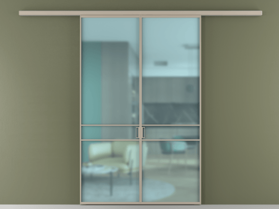 Алюминевая перегородка АЛПР 040.02_АБСК_САТ ГОЛ_new. Цвет Алюминий бисквитный. Материал Алюминий в эмали. Коллекция Перегородка Formato вдоль стены 2 створки. Картинка.