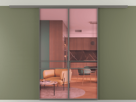 Алюминевая перегородка АЛПР 040.02_АКЛС_ПРОЗ РОЗ_new. Цвет Алюминий классический серый. Материал Алюминий в эмали. Коллекция Перегородка Formato вдоль стены на потолок 2 створки. Картинка.