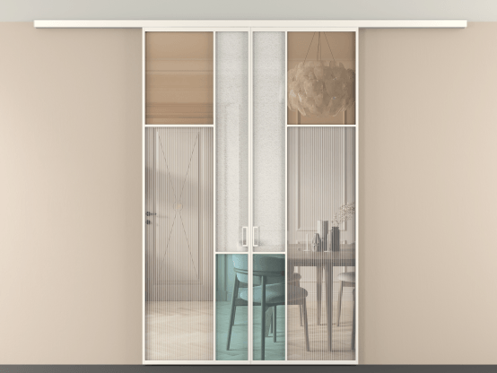 Алюминевая перегородка vdp2_7 Алюминий пудровый белый Четыре стекла. Цвет Алюминий пудровый белый. Материал Алюминий в эмали. Коллекция Перегородка Mosaic вдоль стены на потолок 2 створки. Картинка.