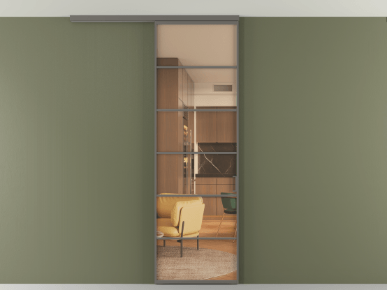 Алюминевая перегородка АЛПР 040.04_АКЛС_ПРОЗ ОРАНЖ_new. Цвет Алюминий классический серый. Материал Алюминий в эмали. Коллекция Перегородка Формато вдоль стены на потолок 1 створка. Картинка.