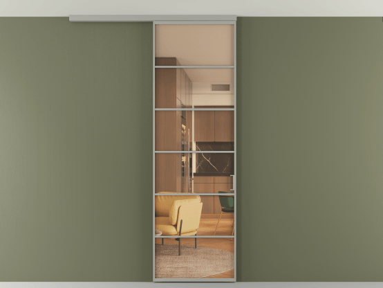 Алюминевая перегородка АЛПР 040.04_АНСР_ПРОЗ ОРАНЖ_new. Цвет Алюминий нейтральный серый. Материал Алюминий в эмали. Коллекция Перегородка Формато вдоль стены на потолок 1 створка. Картинка.